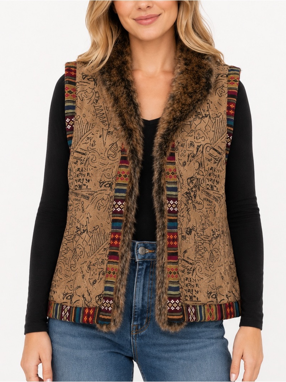 Chico’s Faux Suede / Faux Fur Aztec Tribal Vest Sz XL